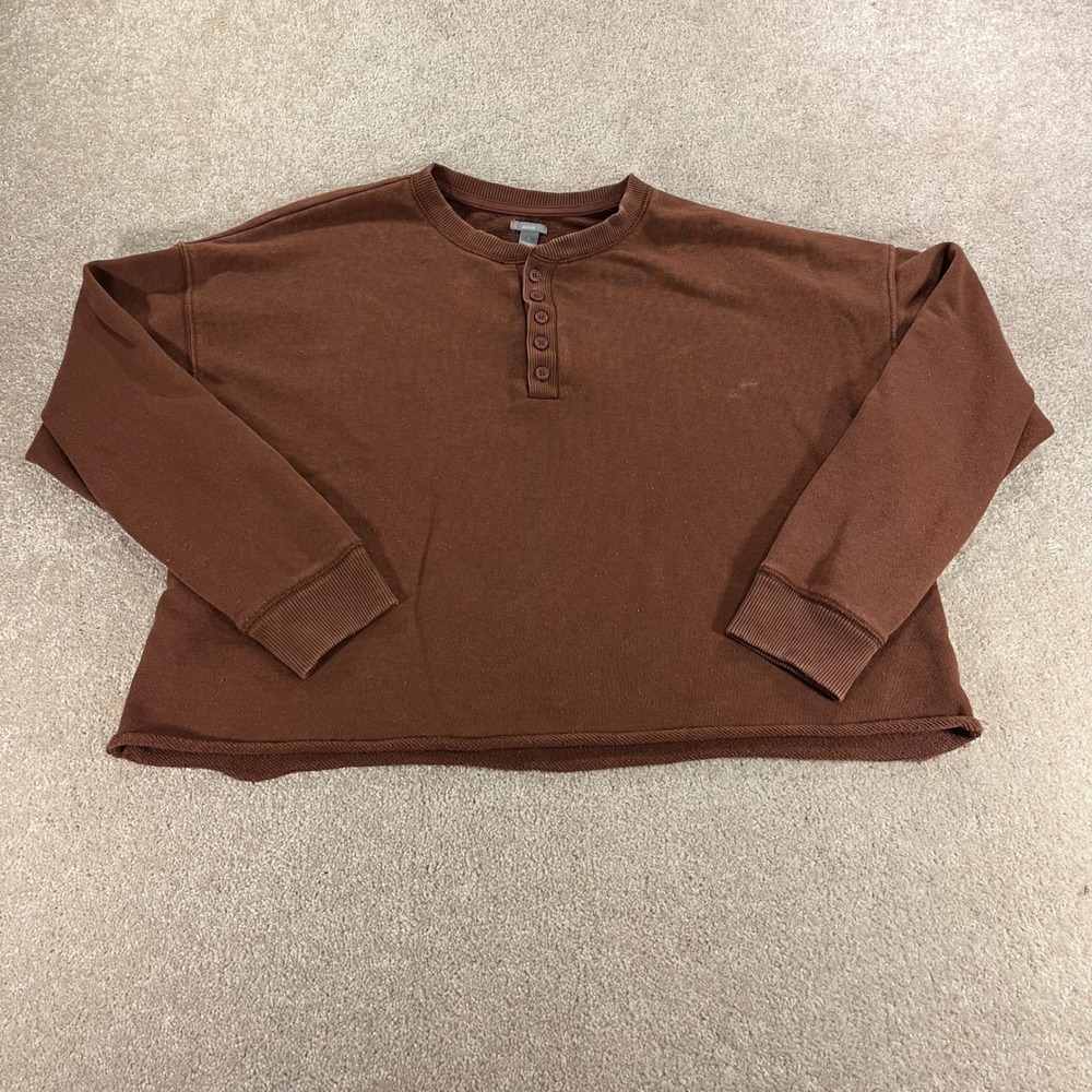 Aerie Henley Sweatshirt Womens Large Brown Cropped Raw Hem‎ Oversized Pullover